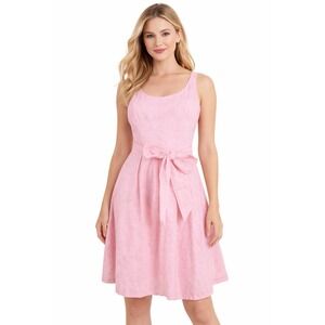 Nine West Pink Fit Flare Dress Sleeveless Scoop Neck Tie Waist Size 4 Skater